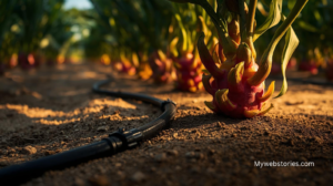 ड्रॅगन फ्रूट बागेत ठिबक सिंचनाद्वारे पाणी व्यवस्थापन.